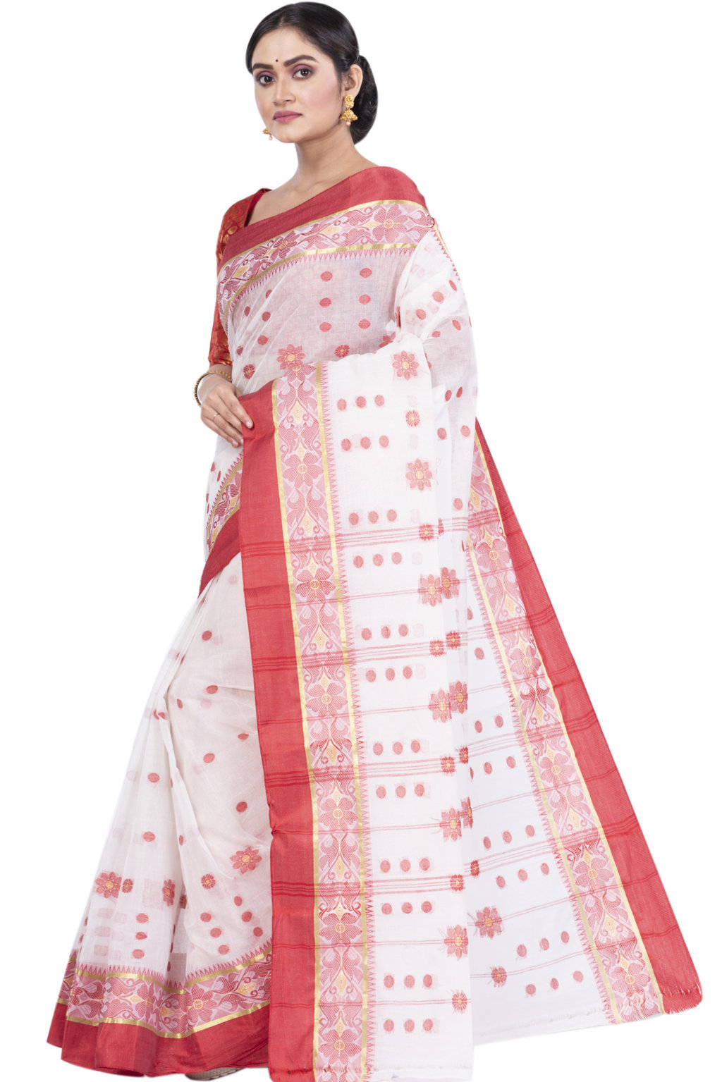 White Pure Cotton BolLata_Tant Tant Saree (839)